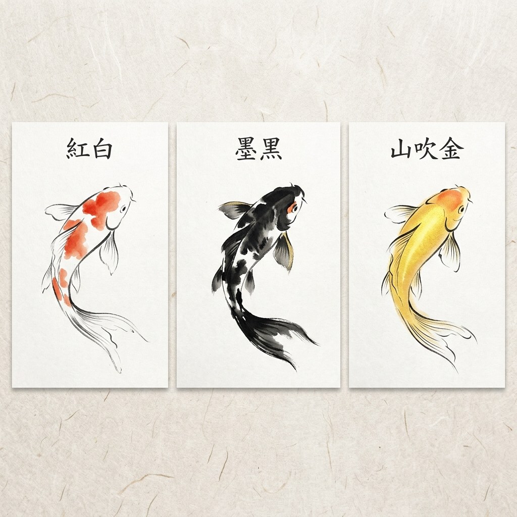 Three koi in sumi-e brushwork: a red-and-white kōhaku, a black sumi, and a golden yamabuki.