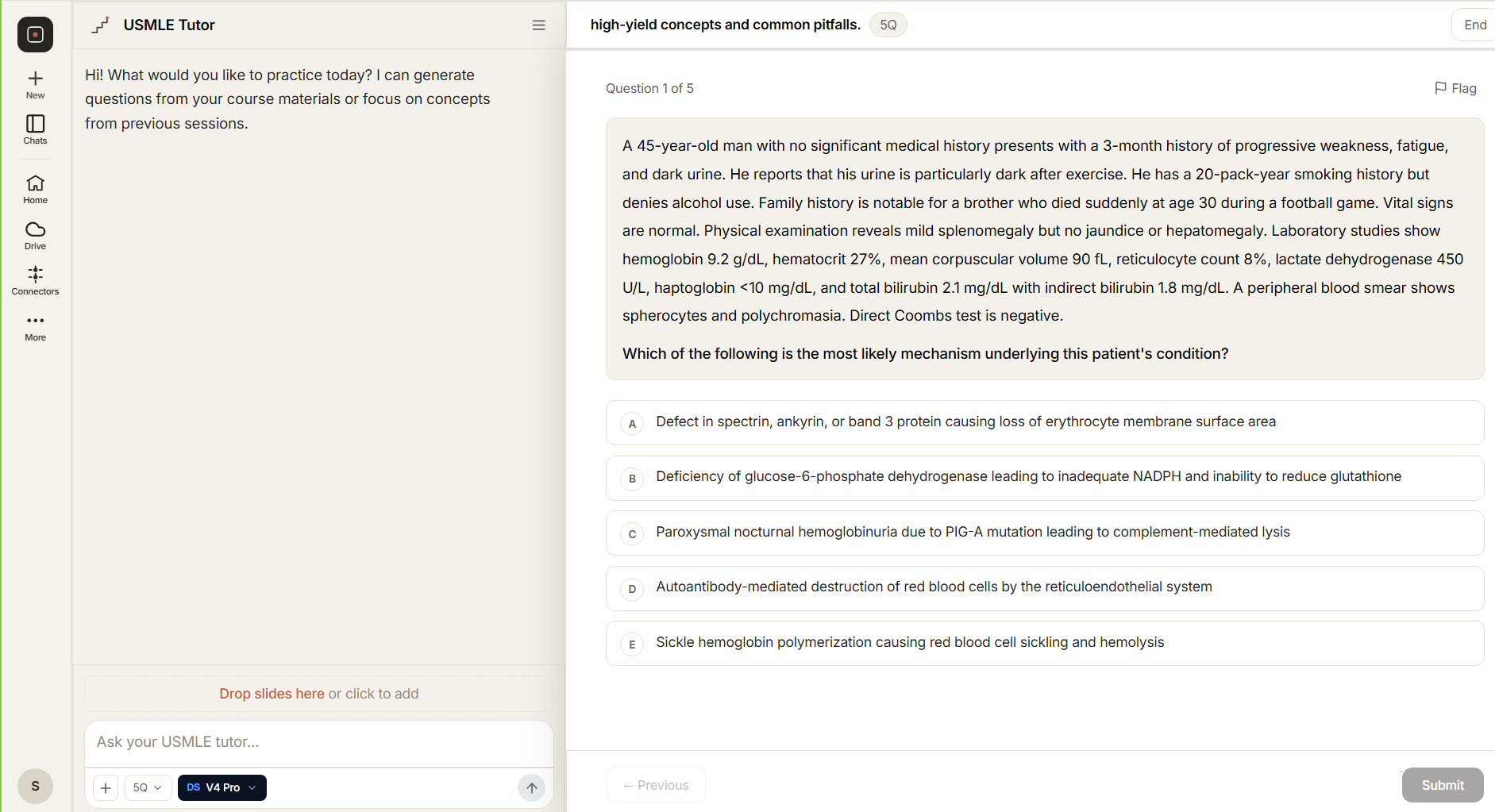 A clinical vignette with five lettered answer options, and a question counter reading question one of five.