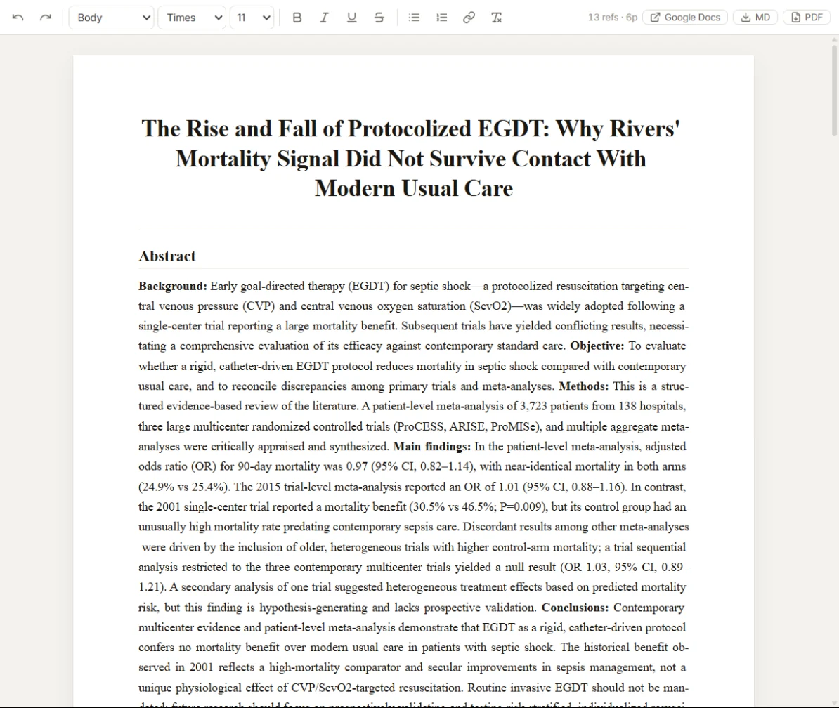 A Research report on early goal-directed therapy in septic shock, from Rivers 2001 to ProCESS, ARISE and ProMISe, with Vancouver citations.