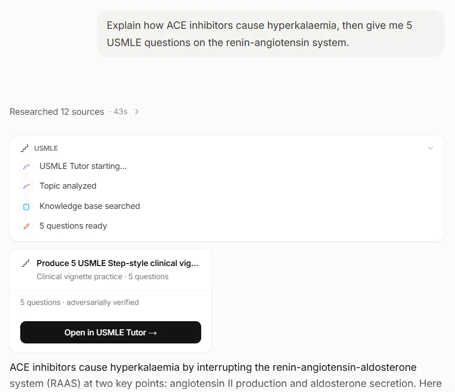 SuperAgent answering a question on ACE inhibitors and hyperkalaemia from 12 researched sources, while the USMLE Tutor writes five questions in its own card.