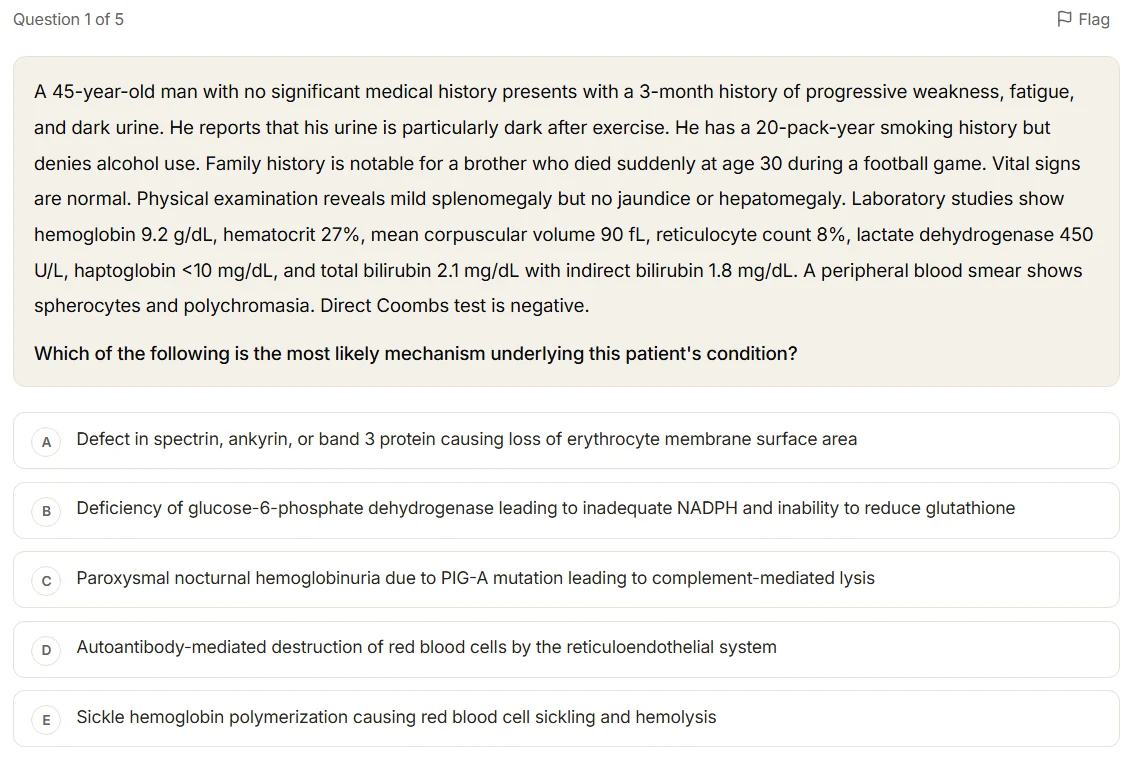 A USMLE-style vignette about a 45-year-old man with haemolysis and spherocytes, with five answer options.